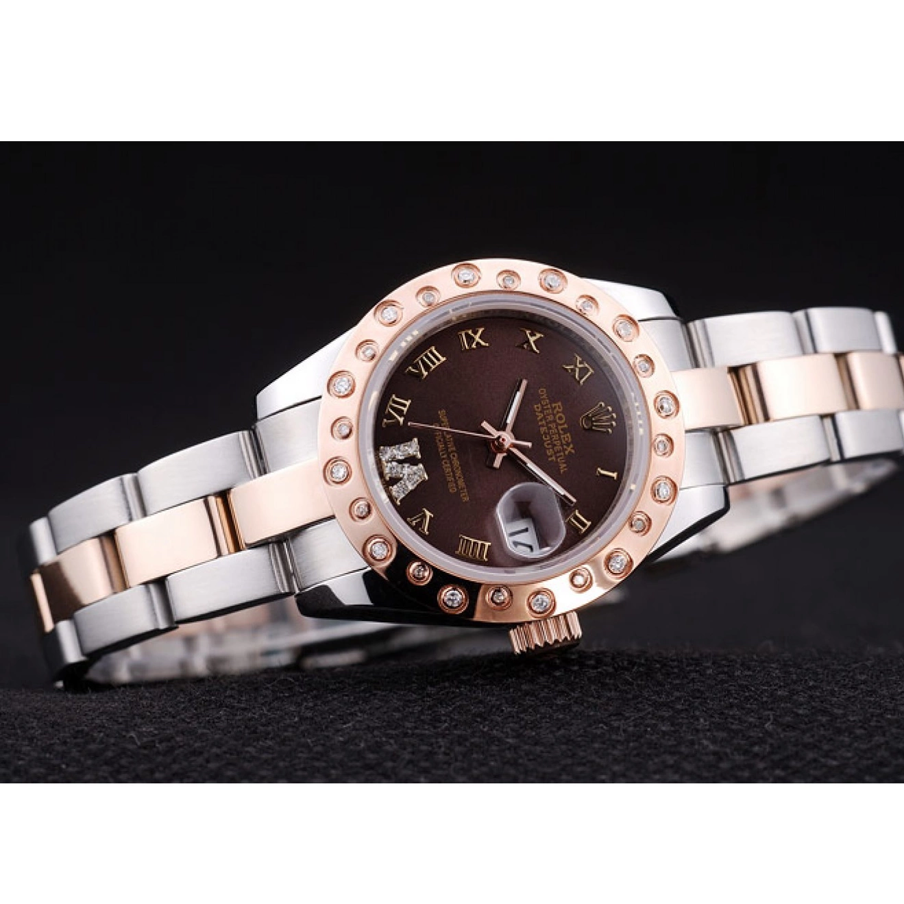 AAA Replica Watches Polished Gold Bezel Datejust Dial Brown Diamonds 7475 Rose Rolex 0524
